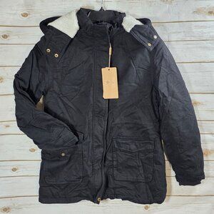 NWT WenVen Womens Windbreaker Cotton Goode Jacket Small Black Sherpa-Lined Hoode
